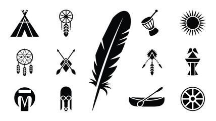 Native american logo collection featuring feather teepee dreamcatcher and tribal symbols on white background © Shovon