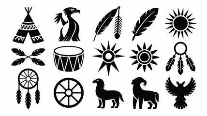 Native american symbols and icons featuring teepees animals and spiritual objects on white background © Shovon