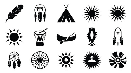 Native american cultural symbols and icons set feathers dreamcatchers teepees and sun signs in black silhouette on white background © Shovon