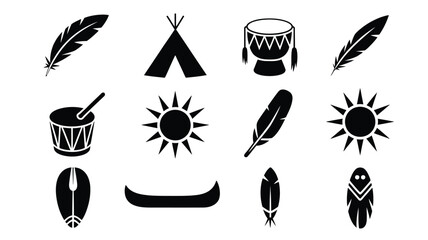 Native american tribal symbols and icons set including feathers drums teepee sun and totem pole on white background © Shovon