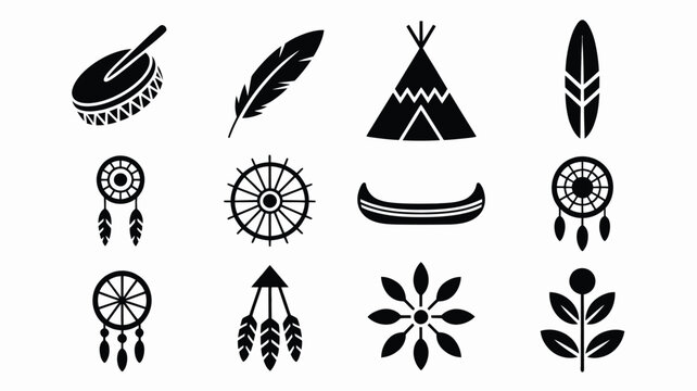 Vector illustration of native american dreamcatcher icons and tribal symbols on white background