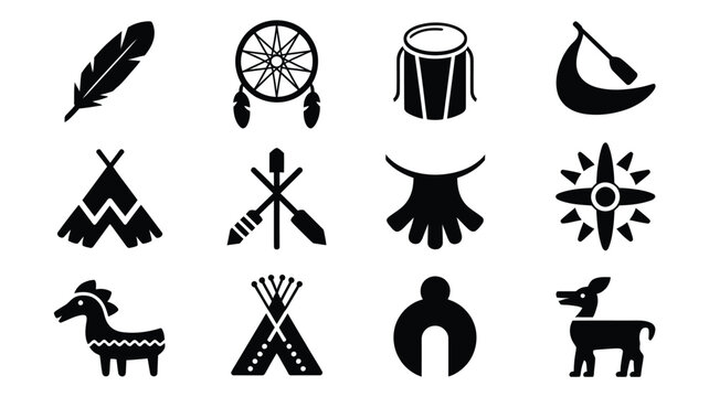 Collection of 12 minimalist native american logos and silhouettes including feathers teepees and animals on white background