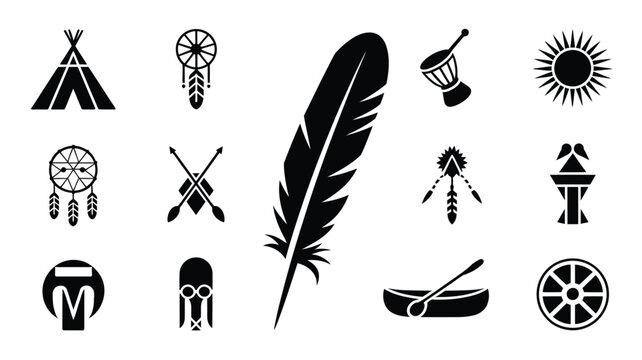 Native american logo collection featuring feather teepee dreamcatcher and tribal symbols on white background