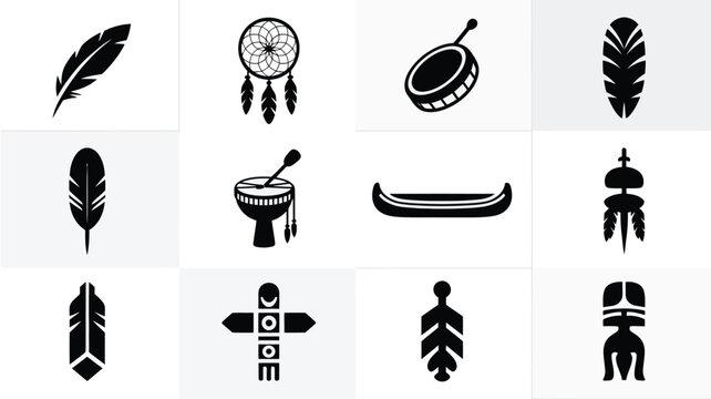 Collection of 12 minimalist logo silhouettes featuring feathers dreamcatcher drum totem and canoe