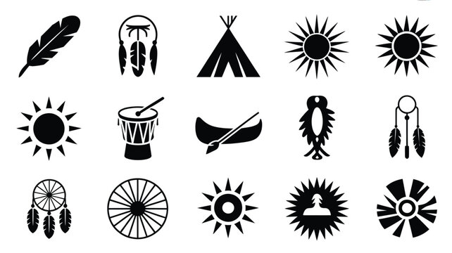 Native american cultural symbols and icons set feathers dreamcatchers teepees and sun signs in black silhouette on white background