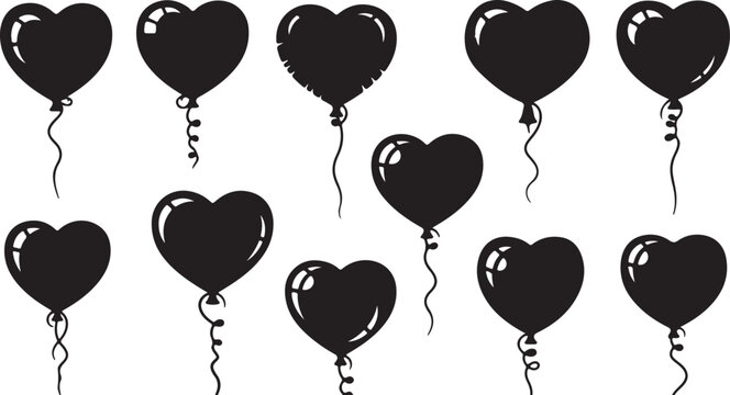 Black heart balloons vector set, hand drawn romantic balloon silhouettes with strings, 11 decorative love icons for wedding and valentine design