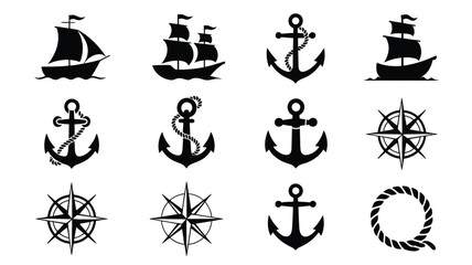 Nautical vector graphics bundle featuring anchors ships and navigation symbols in black on white background © Shovon