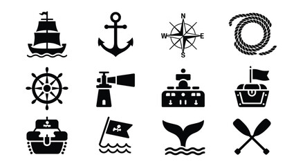 Nautical vector icons set including ships anchors and navigation tools on white background © Shovon