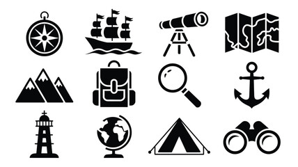 Vector illustration of travel icons including compass ship telescope map mountains backpack magnifying glass anchor lighthouse globe tent and bicycle on white background © Shovon