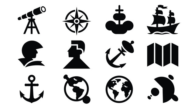 Nautical and travel icons set including compass ship anchor and globe on white background