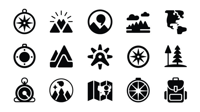 Bundle of discovery icons featuring compasses mountains and navigation symbols in black silhouette on white background