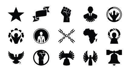 Collection of black vector icons representing freedom activism and social justice including fists wings and symbolic hands on a white background © Shovon