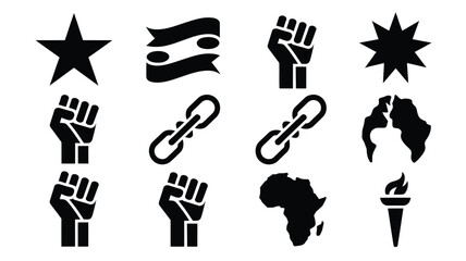 Black vector icons symbolizing freedom unity and activism on white background © Shovon