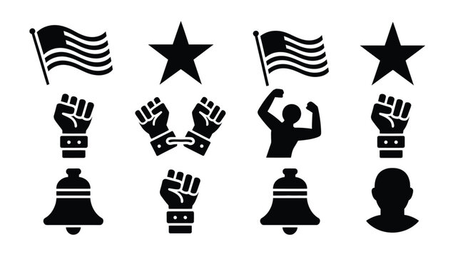 Black vector icons of protest symbols and freedom signs with fists flags stars and bells on white background for activism and social movements