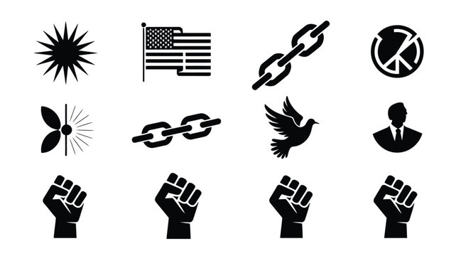 Collection of black icons featuring fists freedom symbols and protest signs on white background for design use