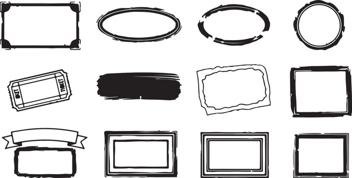 Grunge hand drawn frame set, black ink brush stroke borders and labels, vintage distressed decorative elements for graphic design, 12 vector icons