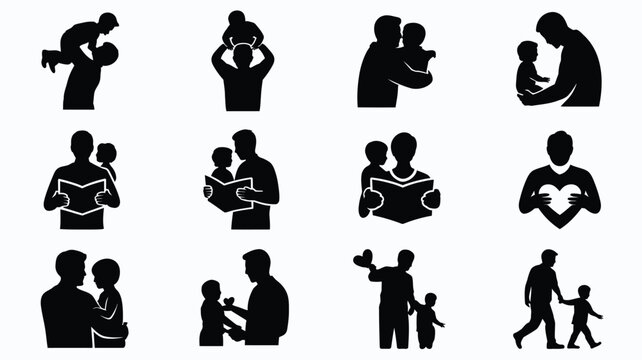 Collection of black silhouettes depicting various tender parental moments and family interactions