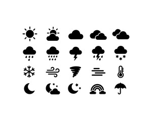 Obraz premium Weather and climate icons: sunny rainy snowy stormy conditions with weather forecast lightning thermometer temperature umbrella snowflake forecast meteorology atmosphere collection