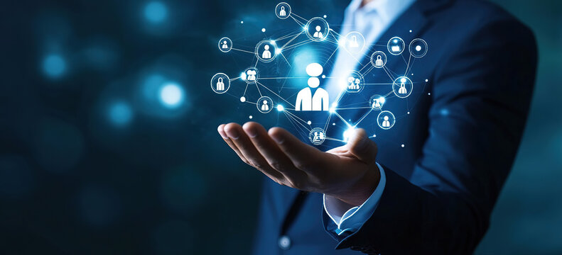 Change management strategy concept with business professional presenting digital team interface, organizational transformation process, leadership alignment and workforce transition planning