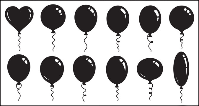 Black balloon silhouette icons set, 12 glossy party balloon vector elements, heart and round shaped balloons with strings for celebration design