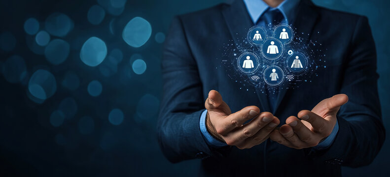 Change management strategy concept with business professional presenting digital team interface, organizational transformation process, leadership alignment and workforce transition planning
