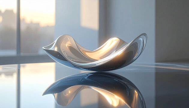 Sculpture m&eacute;tallique abstraite refl&eacute;tant la lumi&egrave;re