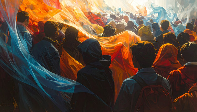 Les gens se rassemblent avec des tissus color&eacute;s
