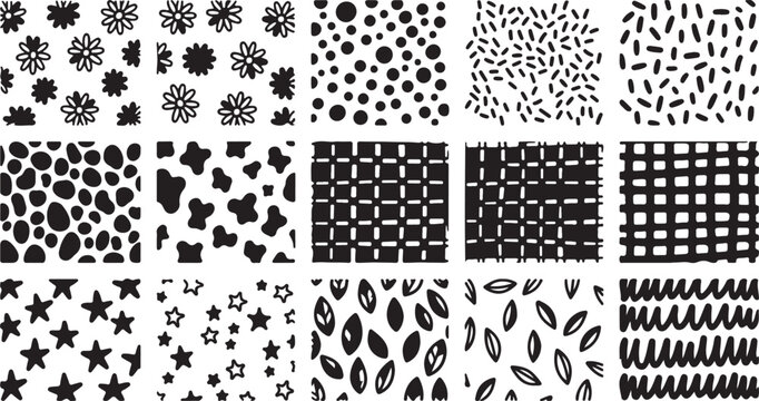 Black and white seamless patterns, geometric designs, abstract backgrounds, 12 texture styles