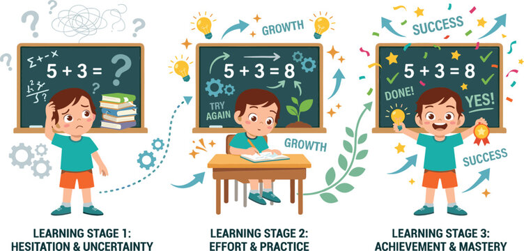 Three stages of educational learning process for children showing transition from confusion to growth and final success in mathematics.