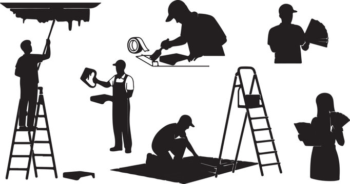 Professional house painter silhouettes, construction worker set with ladder and tools, home renovation and interior decorating vector icons