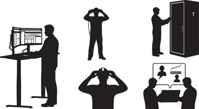 IT professional silhouettes, data center technician and programmer vector set, virtual reality developer and server maintenance icons