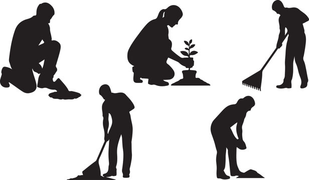 Gardening silhouettes set of people planting and raking, black vector icons of gardeners working outdoors, landscaping and yard work collection