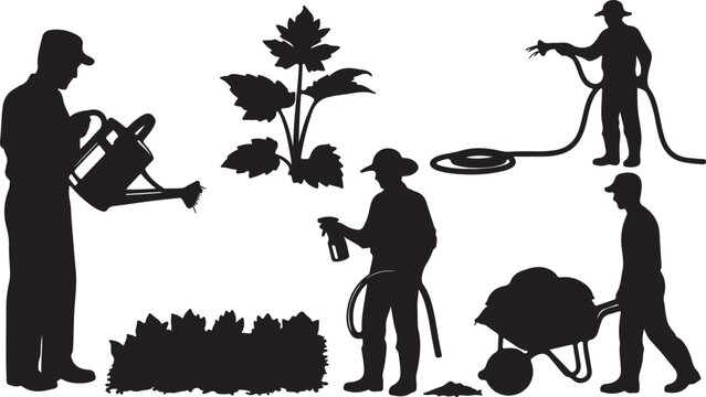Gardening silhouette collection, professional landscapers and farmers working with tools, black vector silhouettes of people planting and watering