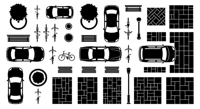 Urban Site Plan CAD Symbols Bundle &mdash; Silhouette Cars, Bicycles, Trees, Street Furniture & Paving Patterns Top View