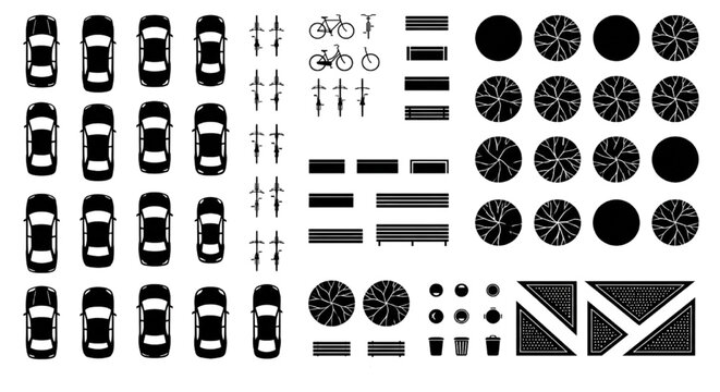 Parking Lot Site Plan CAD Symbols Bundle &mdash; Multi-Vehicle, Trees, Benches & Bollards Top View Collection