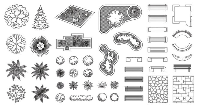 Detailed Outline Plan View Garden CAD Block Library &mdash; Conifer, Canopy Trees, Planting Beds, Curved Benches & Stone Paving