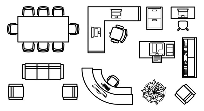 Outline Plan View Mixed Interior CAD Block Set &mdash; Dining Table, L-Kitchen, Curved Sofa, Office Desk, Wardrobe & Indoor Plant
