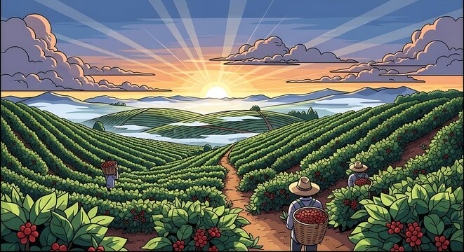 Sunset over coffee plantation landscape.