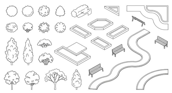 Mixed-View Landscape CAD Block Set Plan & Isometric Trees, Raised Planters, Curved Pathways & Park Bench Elements
