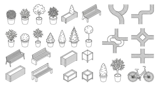 Isometric Urban Landscape CAD Block Set &mdash; 3D View Potted Plants, Park Benches, Road Intersections, Trees & Bicycle Elements