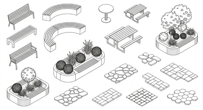 Isometric Outdoor Furniture & Paving CAD Block Collection &mdash; 3D View Benches, Planters, Picnic Tables, Trees & Stone Tile Patterns