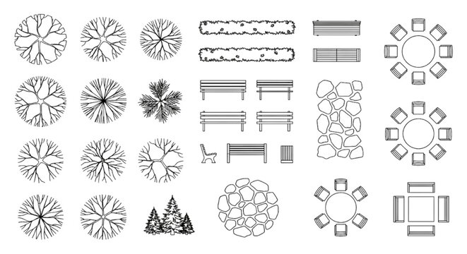 Detailed Linework Plan View CAD Block Library &mdash; Canopy Trees, Park Benches, Cluster Shrubs & Outdoor Dining Furniture Set