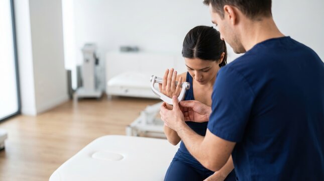 Male physical therapist assisting female patient in rehabilitation clinic using hand grip dynamometer to measure strength recovery professional healthcare