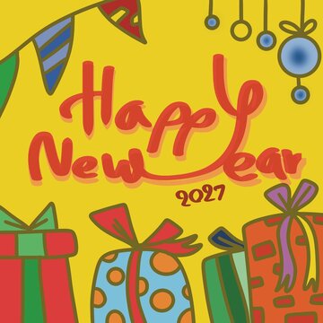Colorful Happy New Year 2027 design with gifts and decorations, perfect for greeting cards, banners, posters, and festive celebrations.