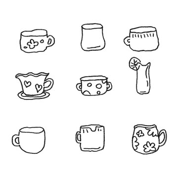 Cute hand-drawn cups and mugs collection in simple doodle style, ideal for cafe themes, kitchen decor, stickers, and cozy illustrations.