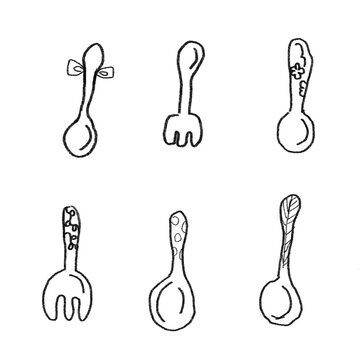 Cute hand-drawn spoon and fork collection in simple doodle style, ideal for kitchen themes, menus, and cafe illustrations.