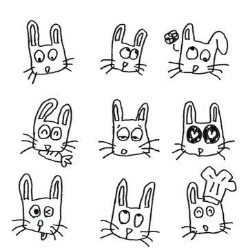 Cute hand-drawn bunny face collection in doodle style, perfect for kids designs, stickers, nursery decor, and playful illustrations.