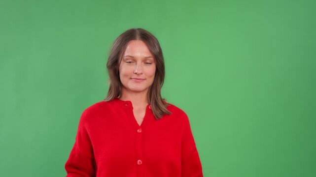 Woman shows hand gestures for eight 8 numbers   with a green background