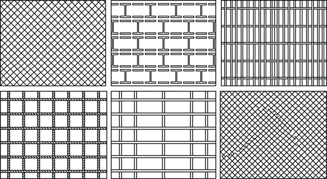 Architectural CAD hatch pattern vector set, construction texture swatches with brick, lattice, slat and stipple fills for blueprint drafting and design plans