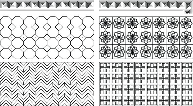 Geometric tile pattern vector set, architectural hatch textures with honeycomb, herringbone, mosaic and checker fills for CAD drafting and surface design
